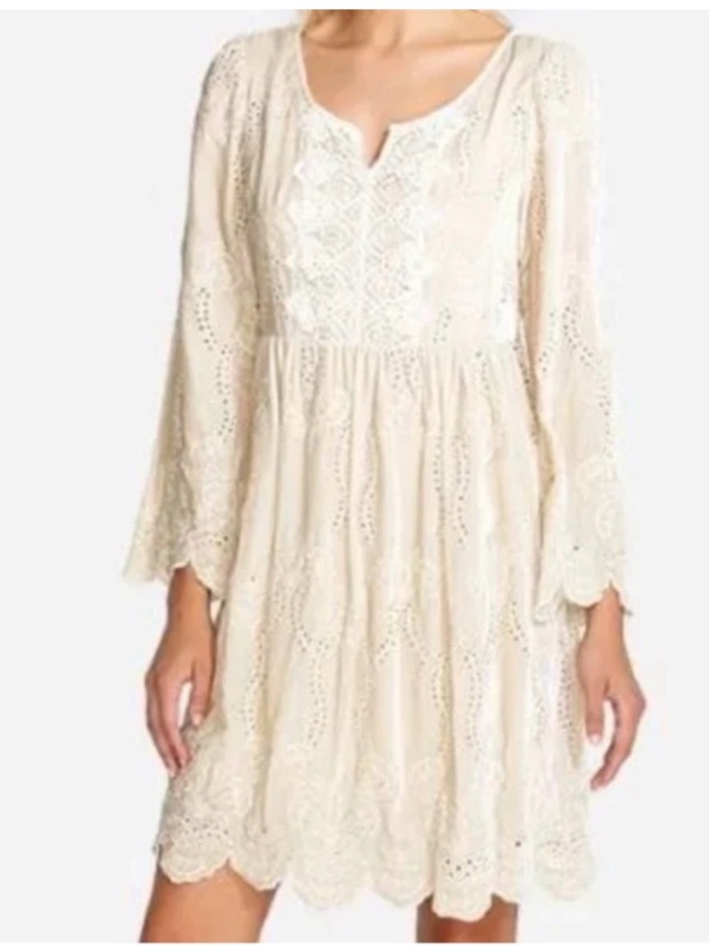 Johnny Was Sebina Ecru Velvet Eyelet Lace Silk Blend Tunic Dress-Size XL